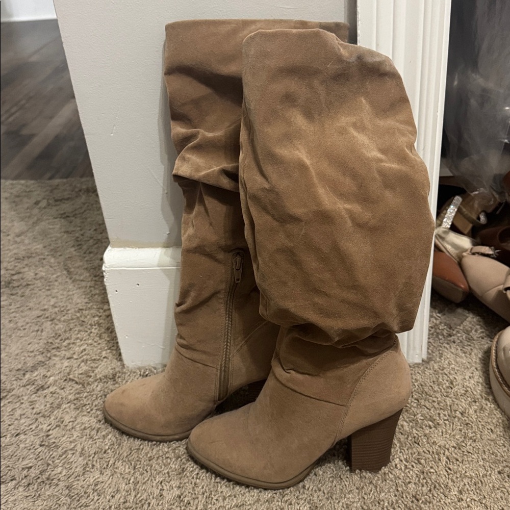Tan Suede Knee-High Boots